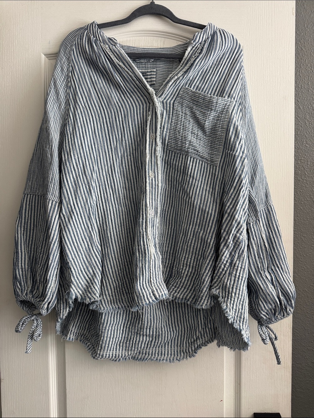 aerie Blue & White Striped Button-Down Balloon Sleeve Shirt